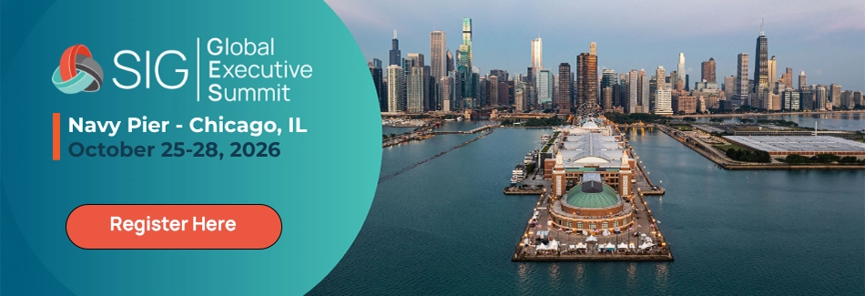 Aerial view of Navy Pier in Chicago with city skyline; text reads SIG Global Executive Summit, Navy Pier - Chicago, IL, October 25-28, 2026, with a Register Here button on the left. Sourcing, Procurement, 3rd Party Risk