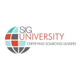 Logo for SIG University featuring a stylized globe made of red, gray, and teal squares, with the text SIG UNIVERSITY Certifying Sourcing Leaders to the right of the globe, highlighting global sourcing expertise. Sourcing, Procurement, 3rd Party Risk