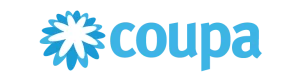 Coupa logo featuring a white and blue stylized flower icon beside the word “coupa” in bold blue lowercase letters on a black background, conveying a modern and professional look. Sourcing, Procurement, 3rd Party Risk