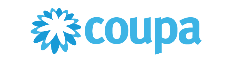Coupa logo featuring a white and blue stylized flower icon beside the word “coupa” in bold blue lowercase letters on a black background, conveying a modern and professional look. Sourcing, Procurement, 3rd Party Risk