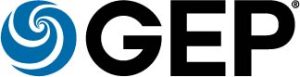 GEP logo featuring a dynamic blue circular swirl on the left and bold, black letters GEP on the right. Sourcing, Procurement, 3rd Party Risk