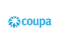 Coupa logo featuring a blue stylized flower-like design next to the word coupa in bold lowercase letters on a light gray background. Sourcing, Procurement, 3rd Party Risk