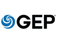 GEP logo with a blue swirl design beside bold black GEP letters on a light gray background, showcasing a modern aesthetic. Sourcing, Procurement, 3rd Party Risk