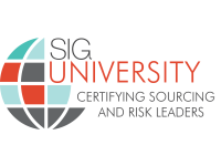 Logo for SIG University featuring a stylized globe with teal, red, and gray segments, symbolizing global sourcing, alongside the text SIG University Certifying Sourcing and Risk Leaders on a light background. Sourcing, Procurement, 3rd Party Risk