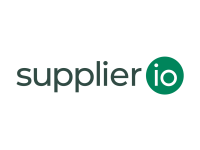 The image features the supplier.io logo, displaying "supplier" in dark green lowercase letters and "io" in white lowercase inside a solid green circle, set against a light gray background. Sourcing, Procurement, 3rd Party Risk
