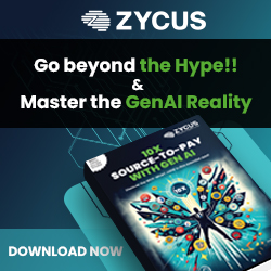 Advertisement for Zycus featuring a vibrant butterfly-shaped graphic on a book titled 10X Source-to-Pay with GenAI. Text reads: Go beyond the Hype! & Master the GenAI Reality. Discover how GenAI transforms source-to-pay—download now. Sourcing, Procurement, 3rd Party Risk