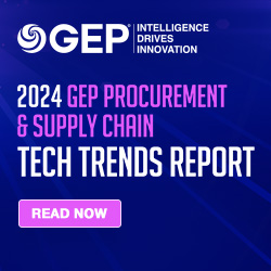 Banner ad for the 2024 GEP Procurement & Supply Chain Tech Trends Report with a Read Now button on a blue background featuring the GEP logo and the tagline Intelligence Drives Innovation in procurement. Sourcing, Procurement, 3rd Party Risk
