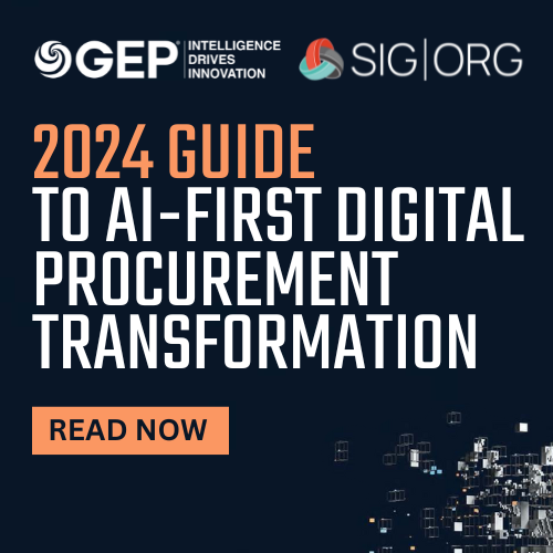 Image with GEP and SIG|ORG logos and text: 2024 Guide to AI-Driven Digital Procurement Transformation. A button says Read Now. Background is dark with small pixel-like graphics in the lower right corner. Sourcing, Procurement, 3rd Party Risk
