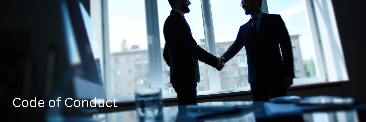 Two businesspeople in suits shake hands in a sunlit office with large windows. The words Code of Conduct appear in the lower left corner, emphasizing professionalism. Sourcing, Procurement, 3rd Party Risk