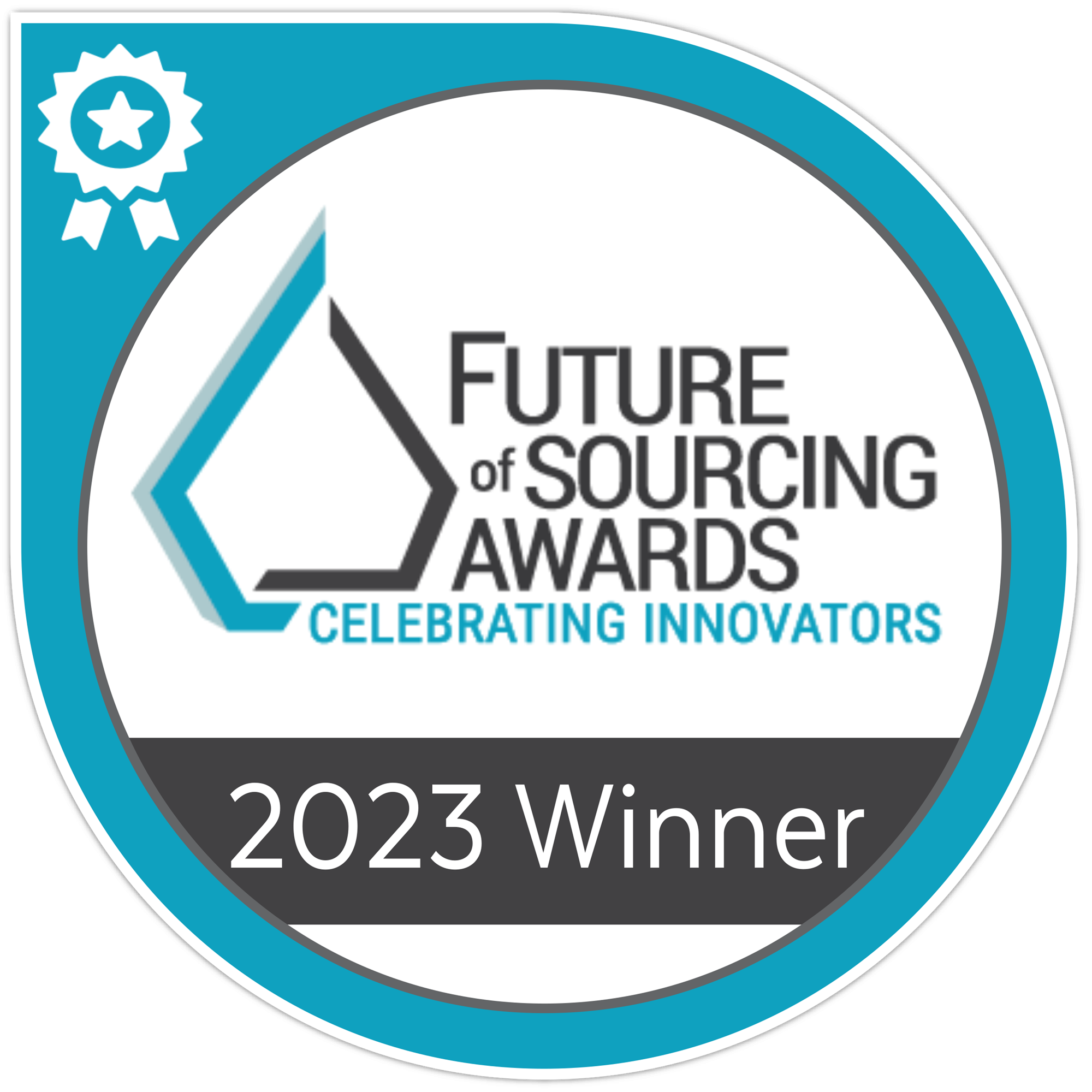 A blue and white badge with a ribbon icon, text reads: Future of Sourcing Awards Celebrating Sustainable Innovators, 2023 Winner. Sourcing, Procurement, 3rd Party Risk