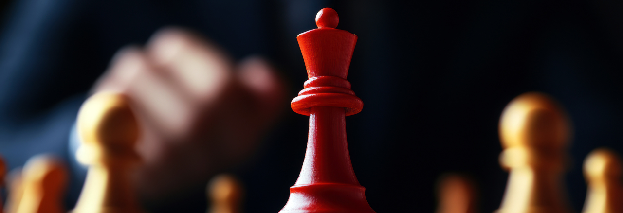 A close-up of a red queen chess piece on a chessboard, with blurred wooden pieces and a player’s hand in the background, highlighting strategy in action. Sourcing, Procurement, 3rd Party Risk