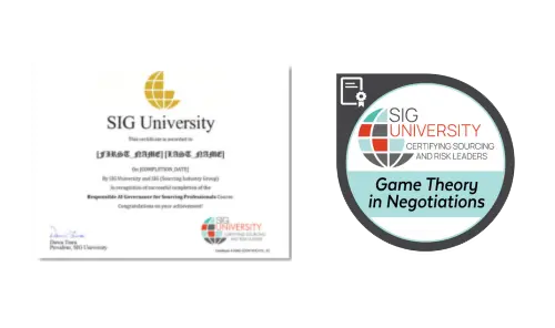 A SIG University certificate is shown on the left, with the Game Theory in Negotiations badge on the right. Both credentials enhance expertise in sourcing, risk management, and negotiation strategies. Sourcing, Procurement, 3rd Party Risk
