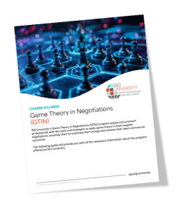 Course syllabus brochure for Game Theory in Negotiations (GTIN) by SIG University. The cover features a chessboard with glowing blue lights and chess pieces, highlighting strategy and decision-making. SIG University logo appears at the top right. Sourcing, Procurement, 3rd Party Risk