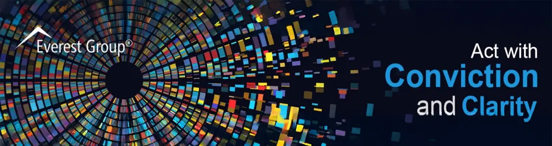 Colorful mosaic tiles create a circular pattern on a dark background. The text reads, Everest Group. Act with Leadership and Clarity, with Conviction and Clarity highlighted in blue. Sourcing, Procurement, 3rd Party Risk