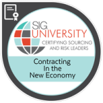A circular badge featuring a stylized globe graphic and the text “SIG University: Certifying Sourcing and Risk Leaders. Contracting in the New Economy” highlights leadership in sourcing. Sourcing, Procurement, 3rd Party Risk