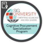 A circular badge featuring a stylized globe and text: SIG University, Certifying Sourcing and Risk Leaders, Cognitive Procurement Specialization Program. A certificate icon with a ribbon highlights procurement specialization. Sourcing, Procurement, 3rd Party Risk