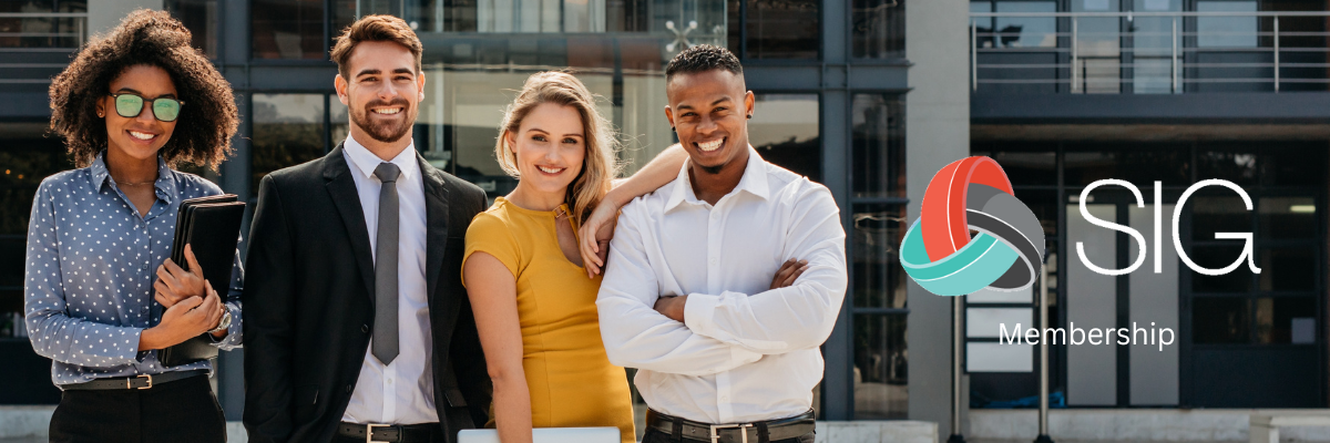 Four professionally dressed people stand smiling outdoors in front of a modern building. To the right is a SIG Membership logo, representing a welcoming and diverse community. Sourcing, Procurement, 3rd Party Risk