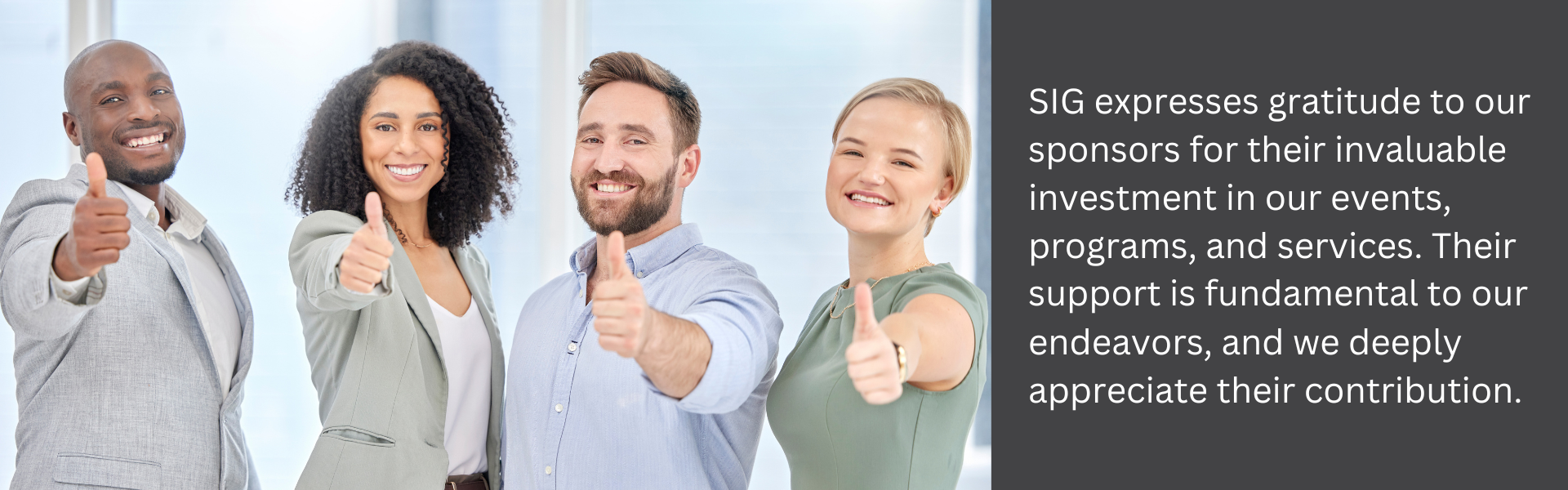 Four professionally dressed people stand side by side, smiling and giving thumbs up. Next to them, text thanks SIG sponsors for their support of events, programs, and services, expressing deep appreciation for their generous contribution. Sourcing, Procurement, 3rd Party Risk