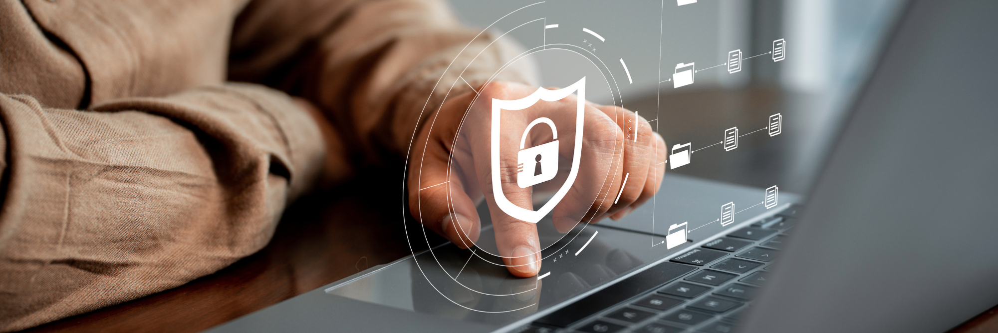 A person’s hand touching a laptop touchpad, with a digital padlock and shield icon overlay symbolizing cybersecurity and data protection. Floating folder icons in the background highlight secure document management. Sourcing, Procurement, 3rd Party Risk