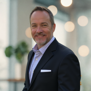 A smiling man with short hair and a beard, dressed in a dark suit and checkered shirt, stands indoors with blurred lights and lush greenery in the background. Sourcing, Procurement, 3rd Party Risk