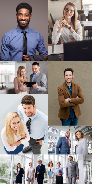 A collage of diverse professionals, featuring men and women of various ethnicities, smiling and interacting in modern office spaces, showcasing teamwork and inclusion in both group and individual settings. Sourcing, Procurement, 3rd Party Risk