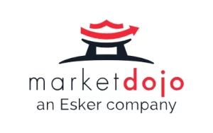 Market Dojo logo featuring a stylized pagoda and red arrow above, with the text "marketdojo an Esker company" below in bold black and red letters. Sourcing, Procurement, 3rd Party Risk