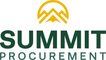 Logo featuring a yellow mountain and sun above the words Summit Procurement in green, with Summit in large bold letters and Procurement in smaller text. The design evokes growth and clarity. Sourcing, Procurement, 3rd Party Risk