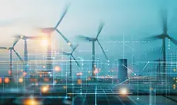 Wind turbines in a field generate renewable energy, with a digital overlay of glowing lines and network points symbolizing technology and smart grid systems. The futuristic scene emphasizes eco-focused innovation and connectivity. Sourcing, Procurement, 3rd Party Risk