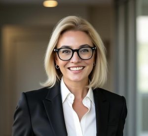 A smiling woman with shoulder-length blonde hair, wearing black glasses, a white shirt, and a black blazer, stands in a modern indoor setting with a blurred background. Sourcing, Procurement, 3rd Party Risk