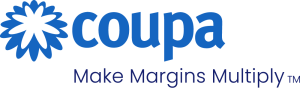 Coupa logo with a blue stylized flower on the left, the word coupa in blue lowercase letters, and the tagline Make Margins Multiply™ in dark blue below—showcasing innovative spend management. Sourcing, Procurement, 3rd Party Risk
