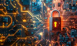 A glowing padlock is overlaid on an illuminated circuit board, symbolizing cybersecurity and digital protection. The background features bright, interconnected electronic pathways, emphasizing strong network security. Sourcing, Procurement, 3rd Party Risk