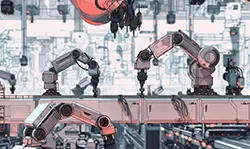Robotic arms working on an automated assembly line in a high-tech smart factory, surrounded by advanced machines and industrial equipment. Sourcing, Procurement, 3rd Party Risk
