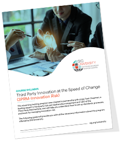 A course syllabus document titled Third Party Innovation at the Speed of Change (3PRM-Innovation Risk) from SIG University, shown at an angle on a white background, featuring a glimpse of people collaborating at a laptop. Sourcing, Procurement, 3rd Party Risk