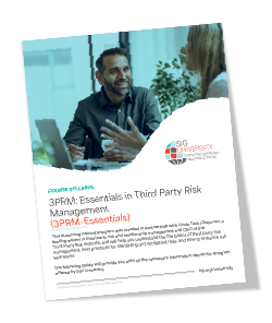 A brochure titled 3PRM: Essentials in Third Party Risk Management shows a man and a woman discussing third party risk at a desk, with a laptop and documents. The SIG University logo is visible. Sourcing, Procurement, 3rd Party Risk