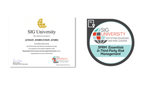 An SIG University certificate of completion appears beside the 3PRM: Essentials in Third Party Risk Management course badge, both displaying the distinct SIG University logo and branding. Sourcing, Procurement, 3rd Party Risk