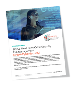 A course syllabus for 3PRM: Third Party CyberSecurity Risk Management from SIG University. The cover features a woman in glasses analyzing cybersecurity data on transparent screens, with the SIG University logo displayed. Sourcing, Procurement, 3rd Party Risk