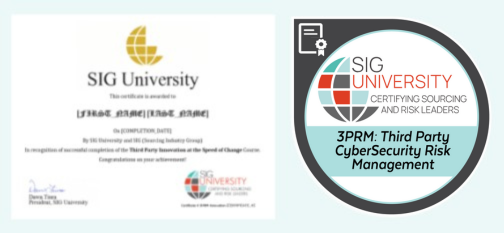 A blurred SIG University certificate on the left and the SIG University logo with the text “3PRM: Third Party CyberSecurity Risk Management” highlighting cybersecurity risk management on the right. Sourcing, Procurement, 3rd Party Risk