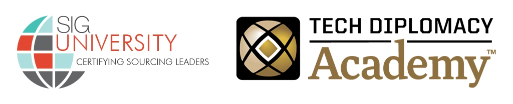 Logos of SIG University with the tagline Certifying Sourcing Leaders on the left, and Tech Diplomacy Academy with a gold and black digital diplomacy emblem on the right. Sourcing, Procurement, 3rd Party Risk