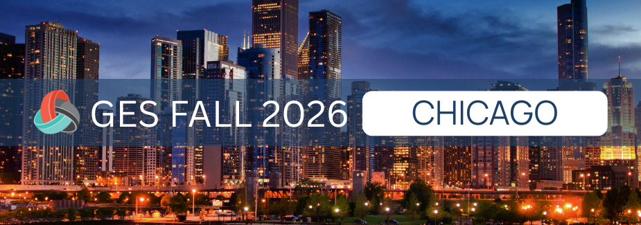 Chicago skyline at sunset with city lights glowing; text overlay reads GES FALL 2026 and CHICAGO, featuring a vibrant circular logo on the left. Sourcing, Procurement, 3rd Party Risk