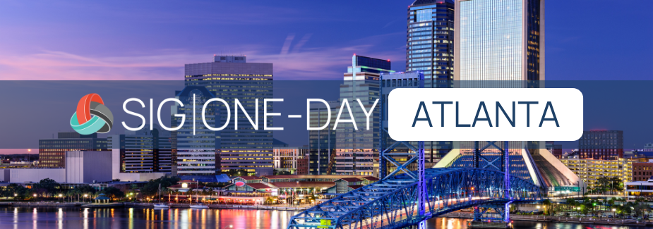 Skyline of a city at dusk with tall buildings and a bridge over water, illuminated by city lights; text overlay reads SIG One-Day Atlanta. Sourcing, Procurement, 3rd Party Risk