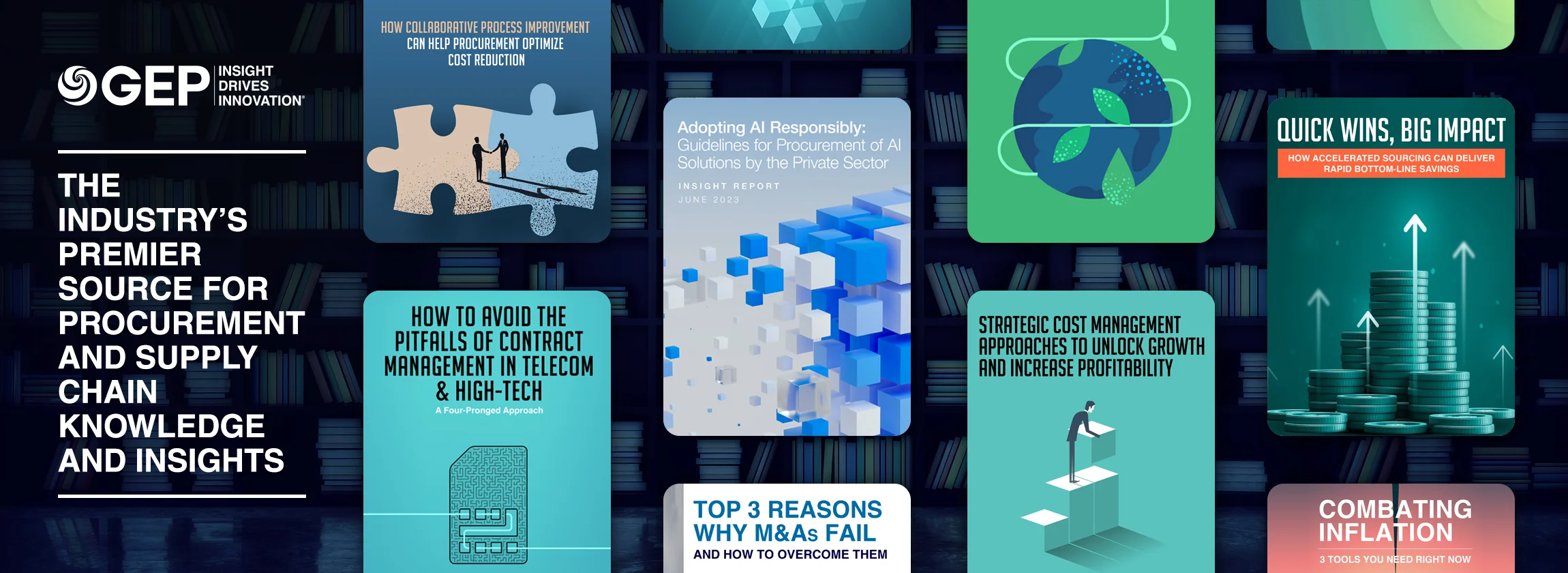 A collage of report covers and article titles related to procurement and supply chain intelligence is displayed against bookshelves, with the text "The industry's premier source for procurement and supply chain knowledge" on the left. Sourcing, Procurement, 3rd Party Risk