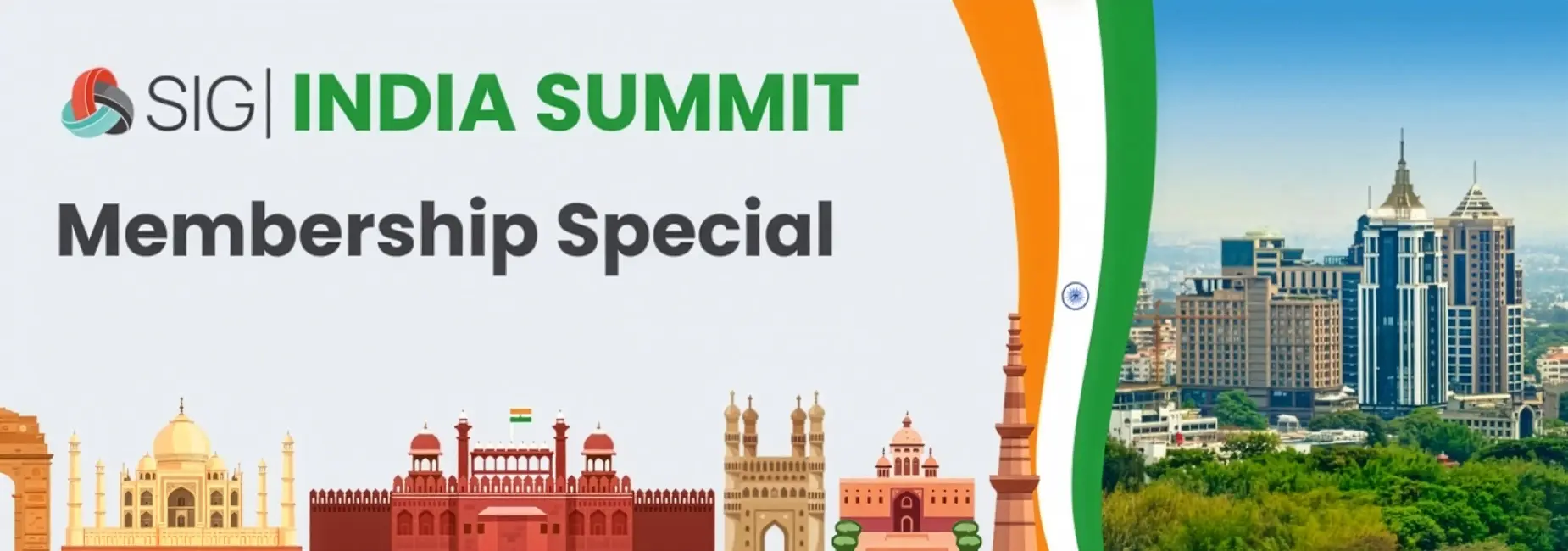 Banner for SIG India Summit Membership Special, featuring illustrated Indian landmarks on the left, a vibrant tricolor motif, and a city skyline with modern buildings on the right. Sourcing, Procurement, 3rd Party Risk