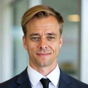 A man with blonde hair, dressed in a dark suit, white shirt, and black tie, stands in a modern office setting with glass walls and bright lighting, smiling slightly at the camera. Sourcing, Procurement, 3rd Party Risk