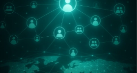Digital illustration of a global network, featuring interconnected user icons linked by lines over a faint world map, symbolizing online communication and virtual connectivity. Sourcing, Procurement, 3rd Party Risk