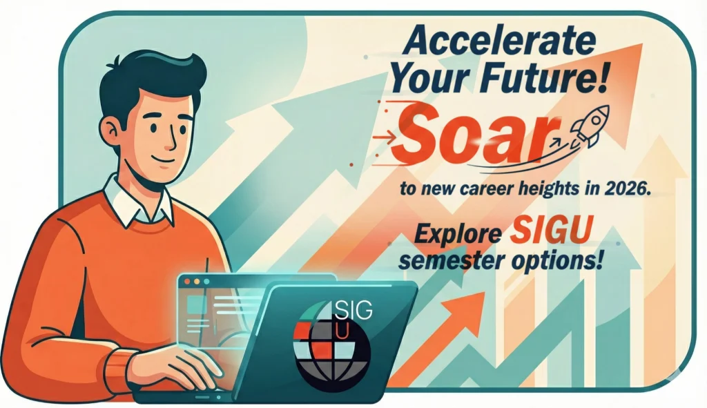 Illustration of a student using a laptop with the SIGU logo. Upward arrows in the background highlight progress. Text reads: Accelerate Your Future! Soar to new career heights in 2026. Discover flexible semester options at SIGU!. Sourcing, Procurement, 3rd Party Risk