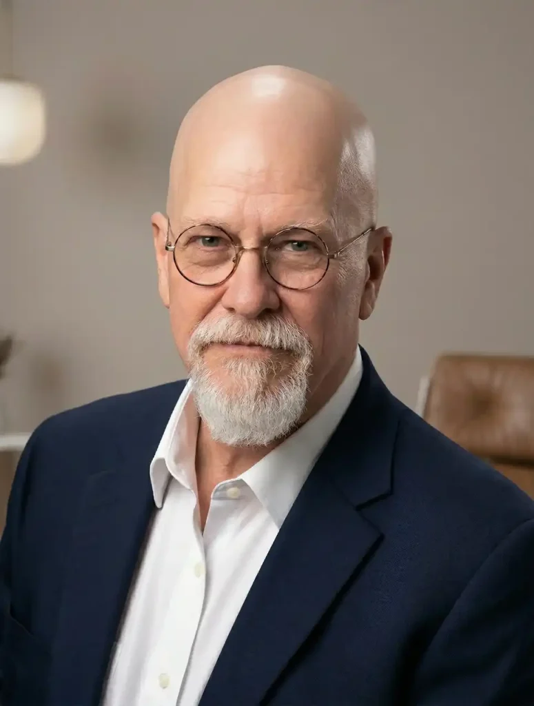 A bald man with a white beard and mustache, wearing round glasses, a white shirt, and a dark blazer, sits in a softly lit room with neutral-colored walls and a leather chair in the background, exuding wisdom and calm. Sourcing, Procurement, 3rd Party Risk