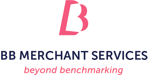 Logo for BB Merchant Services featuring a stylized pink B above the company name in bold blue text, with the tagline beyond benchmarking in italicized pink below. Sourcing, Procurement, 3rd Party Risk