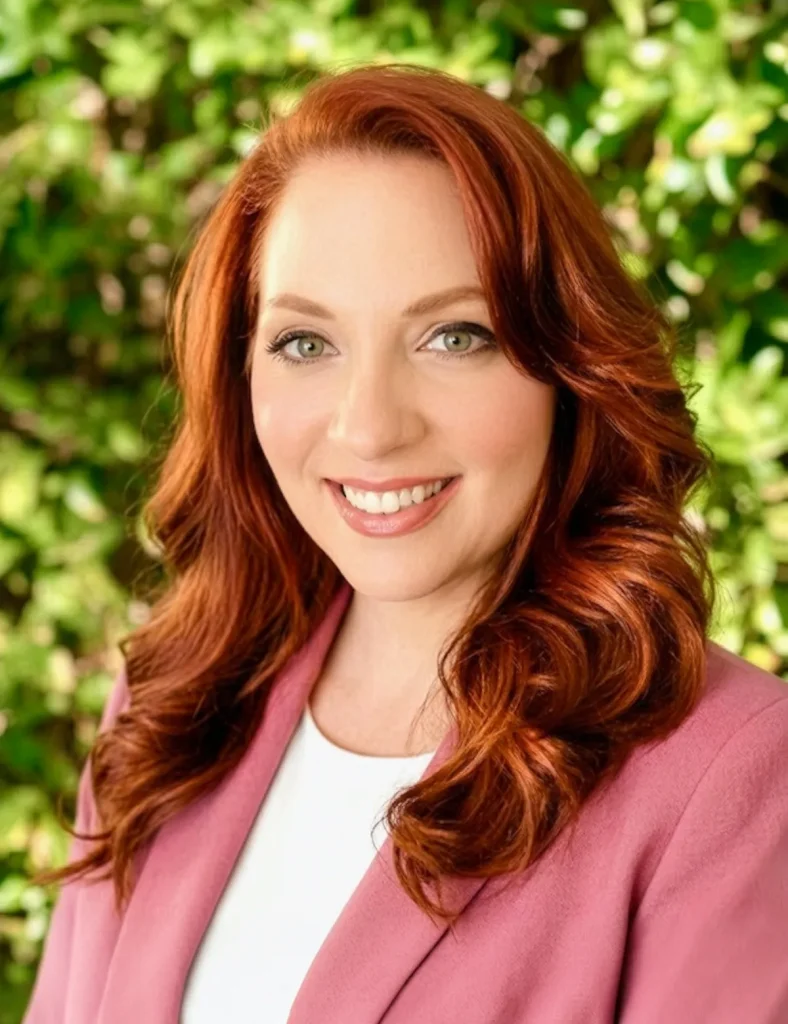A woman with long, wavy red hair is smiling. She is wearing a mauve blazer over a white top, standing outdoors in front of leafy green foliage. Sourcing, Procurement, 3rd Party Risk