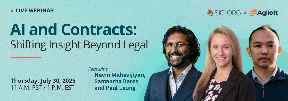 Virtual event banner for a webinar titled AI and Contracts: Shifting Insight Beyond Legal, featuring Navin Mahavijiyan, Samantha Bates, and Paul Leung, scheduled for July 30, 2026, at 11 A.M. PST. Sourcing, Procurement, 3rd Party Risk