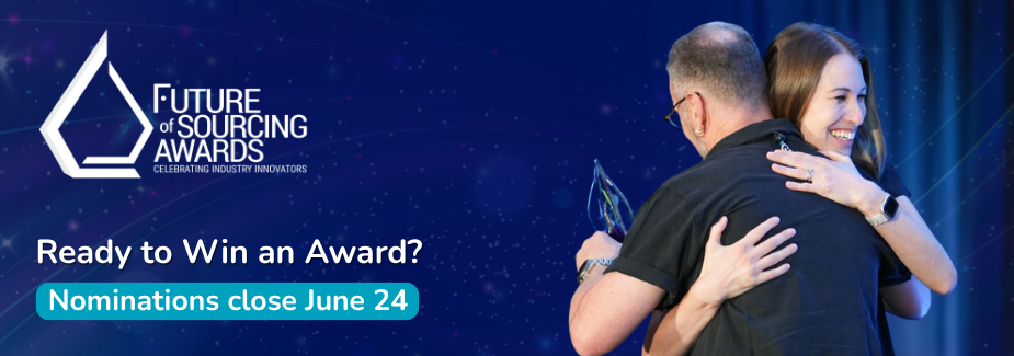 Two people hug onstage as one holds an award. Text reads: Future of Sourcing Awards—celebrating industry innovations. Ready to win an award? Nominations close June 24. Blue starry background. Sourcing, Procurement, 3rd Party Risk